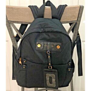 Marc Jacobs black backpack with ID luggage tag shiny gold-tone metals